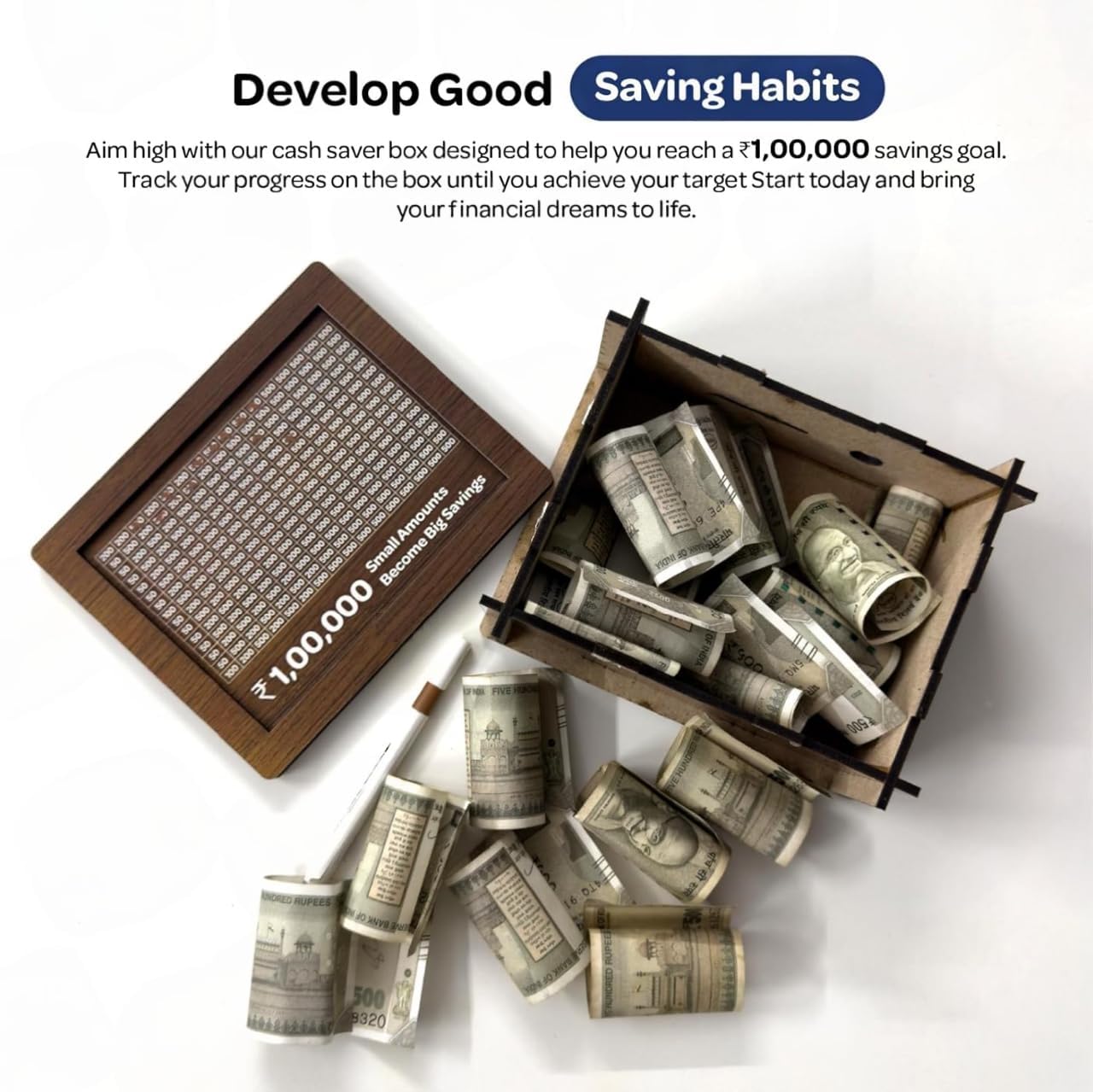 SaveSmart Wooden Piggy Bank – ₹1 Lakh Savings Challenge